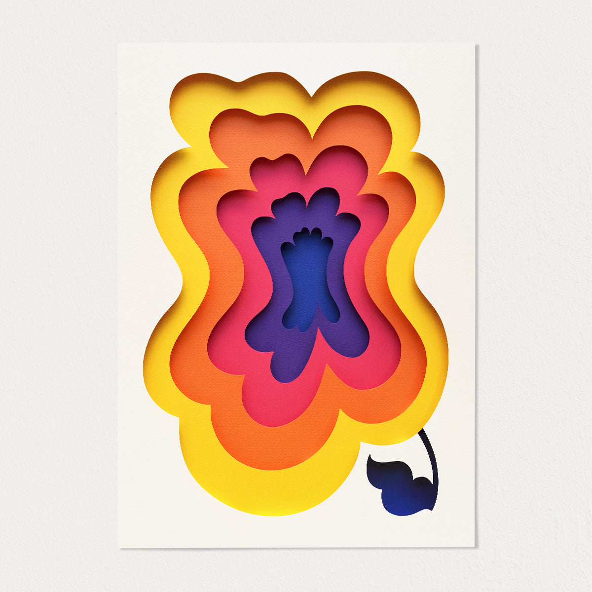 Bold floral artwork in pink orange yellow and purple, original created in layered paper by Owen Gildersleeve