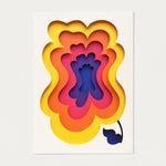 Bold floral artwork in pink orange yellow and purple, original created in layered paper by Owen Gildersleeve