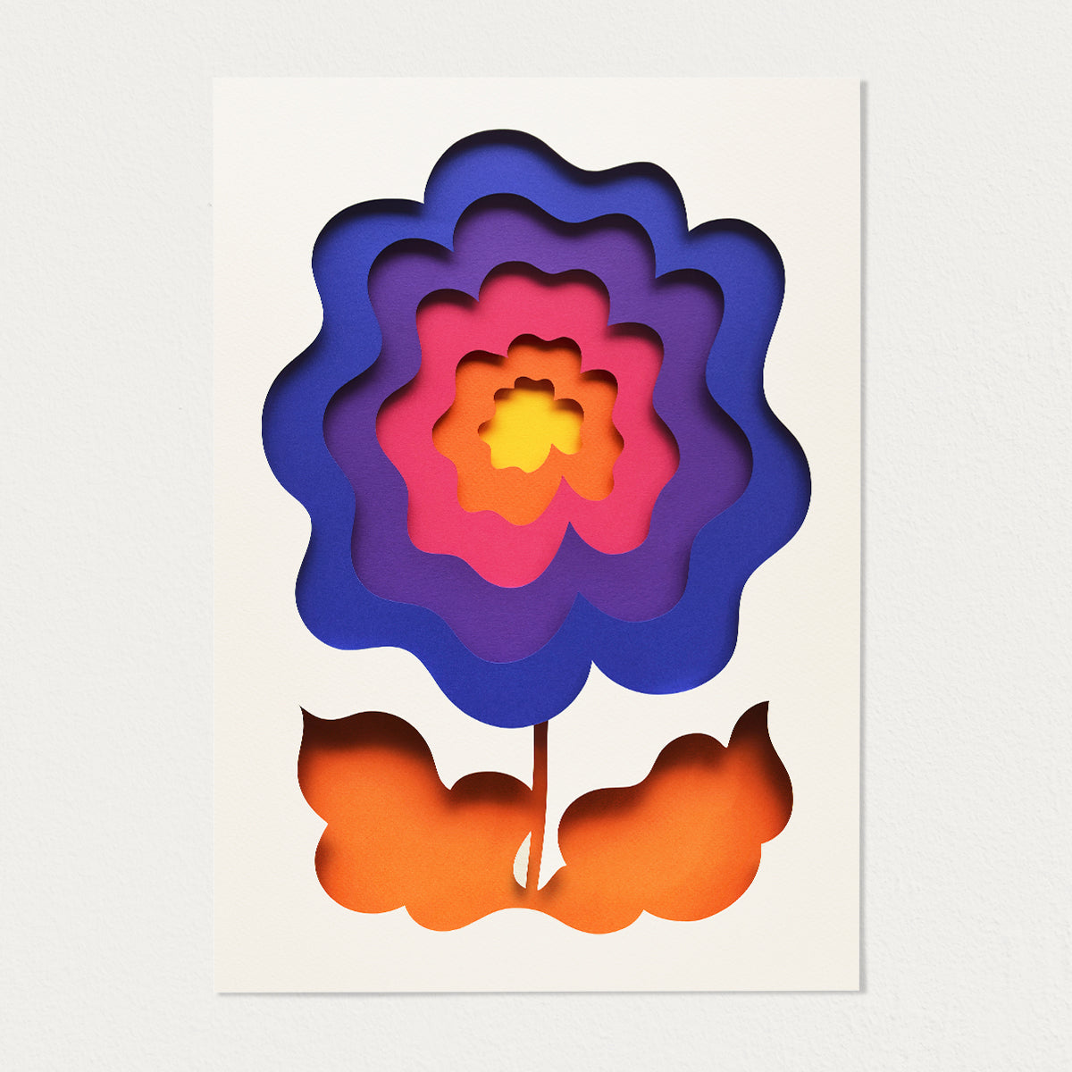 Floral artwork in pink orange yellow blue and purple, original created in layered paper by Owen Gildersleeve