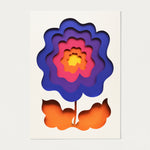 Floral artwork in pink orange yellow blue and purple, original created in layered paper by Owen Gildersleeve