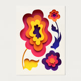 Floral artwork in pink orange yellow and purple, original created in layered paper by Owen Gildersleeve